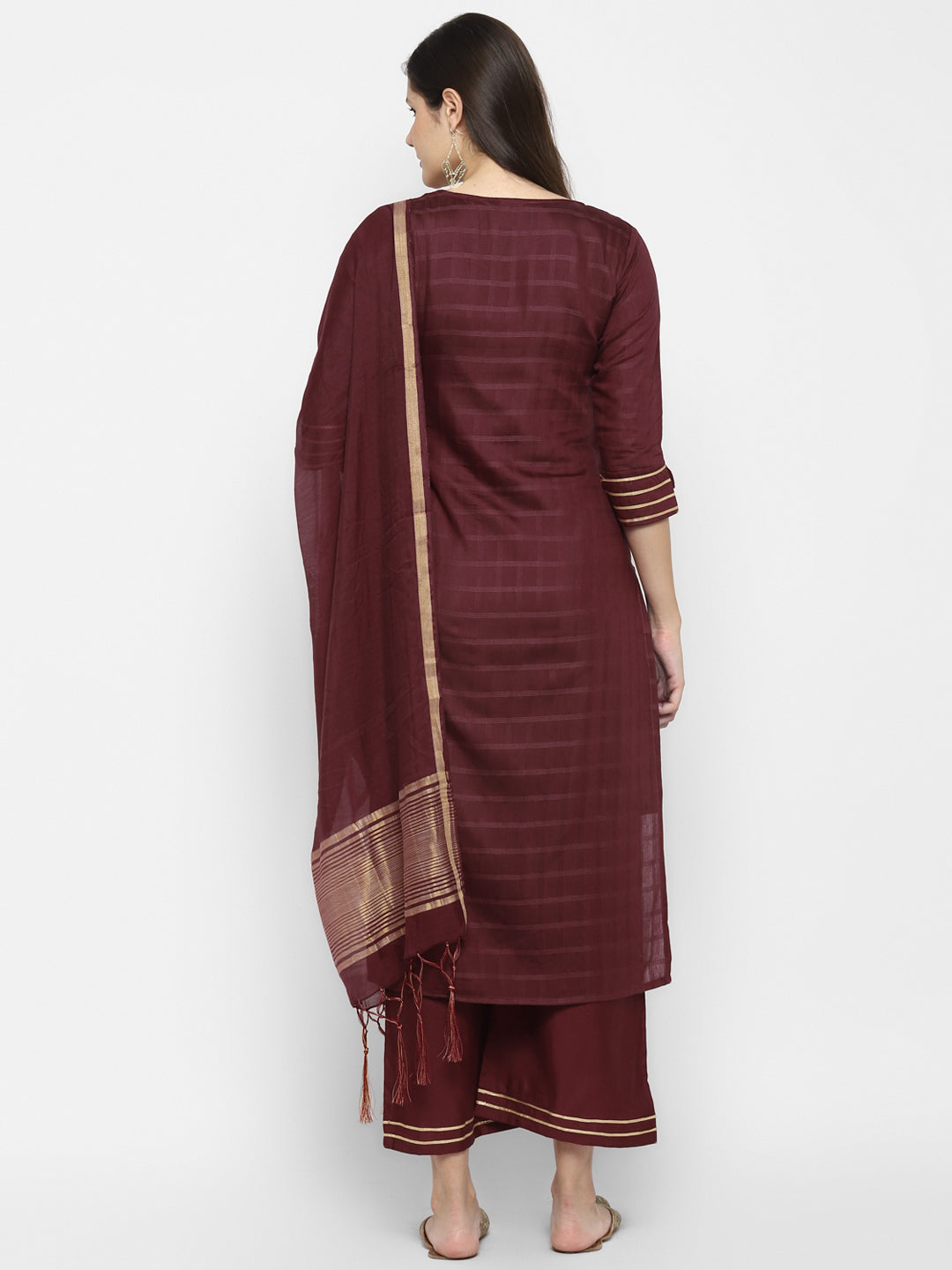 Women's Maroon Color Chanderi Silk Embroidered Straight Kurta Palazzo With Dupatta