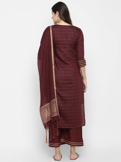Women's Maroon Color Chanderi Silk Embroidered Straight Kurta Palazzo With Dupatta