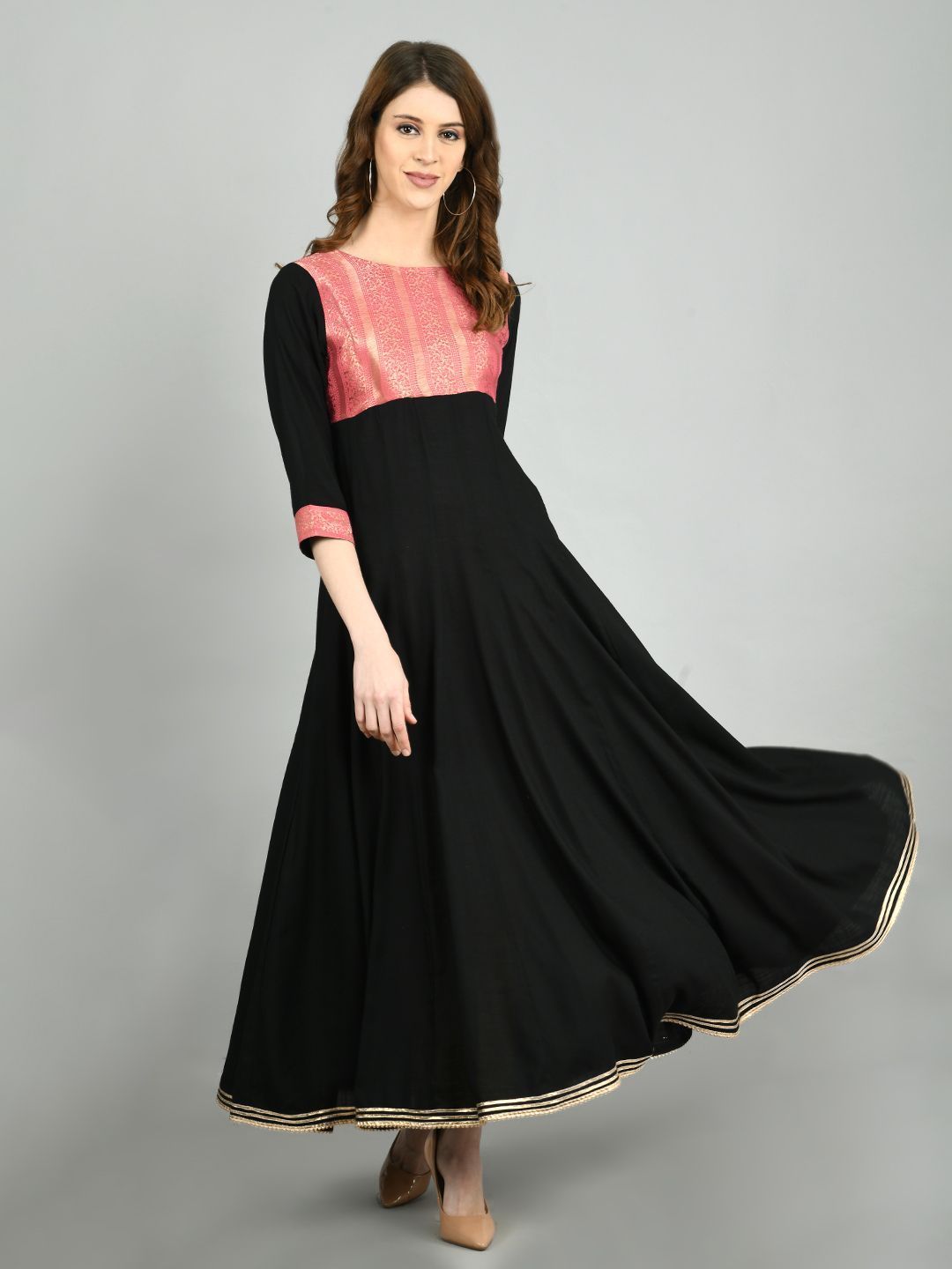 Women's Black Rayon Printed 3/4 Sleeve Round Neck Casual Kurta Dupatta Set