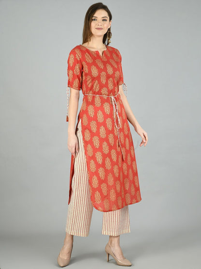 Women's Brown Cotton Printed Half Sleeve Round Neck Casual Kurta Pant Set