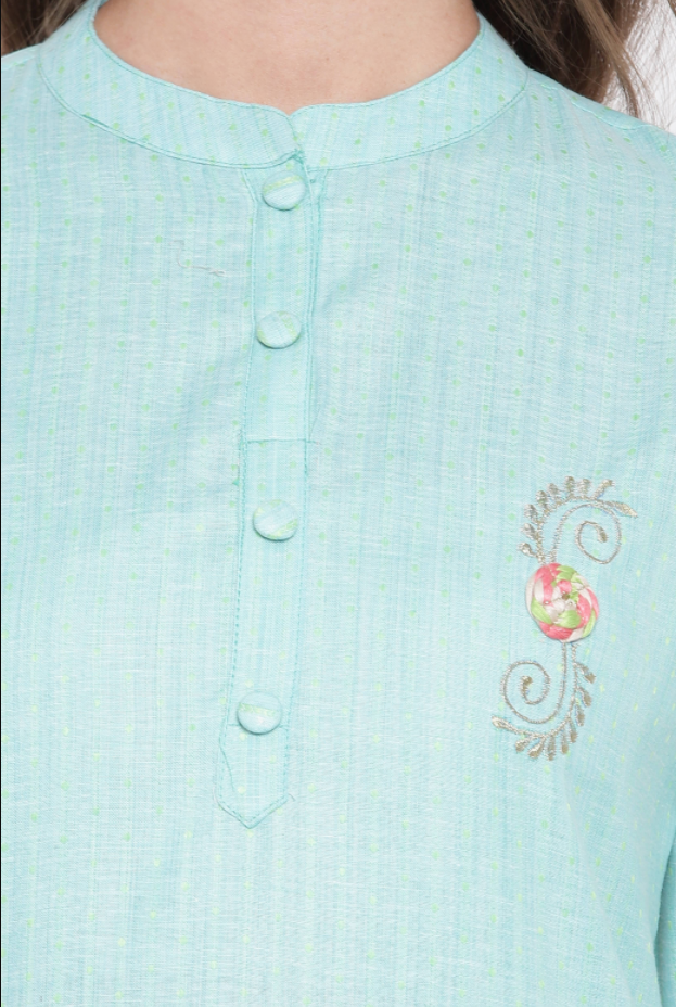 Women's Embroidered/Solid Straight Cotton Sky Blue Kurta (1Pc)