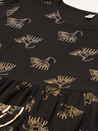 Women's Rayon Gold Printed Anarkali Kurta