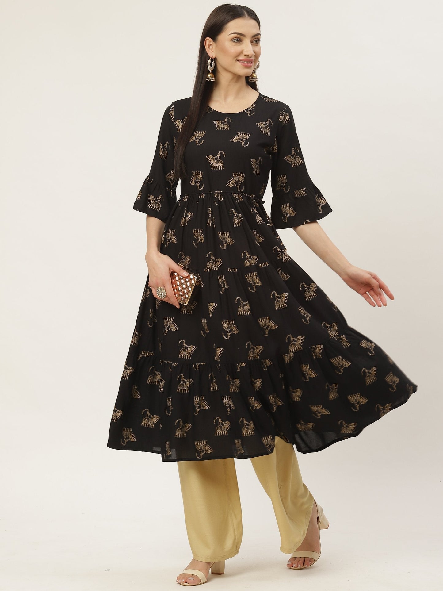 Women's Rayon Gold Printed Anarkali Kurta