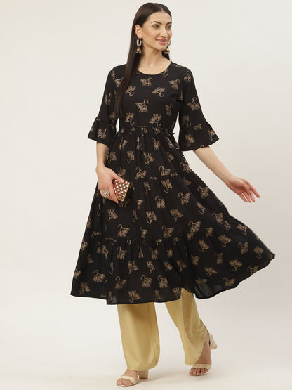 Women's Rayon Gold Printed Anarkali Kurta