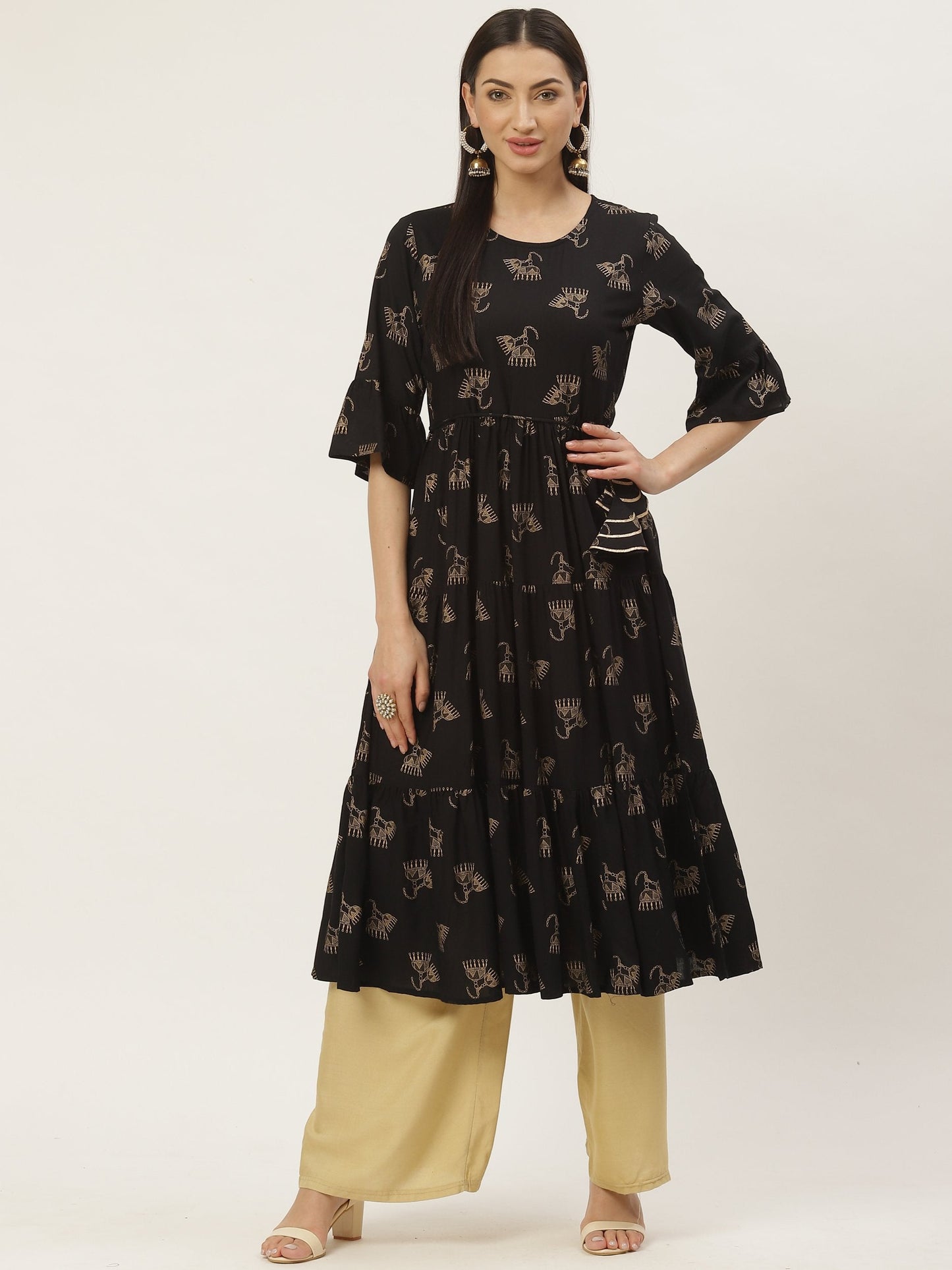 Women's Rayon Gold Printed Anarkali Kurta