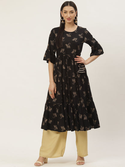 Women's Rayon Gold Printed Anarkali Kurta