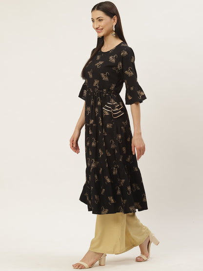 Women's Rayon Gold Printed Anarkali Kurta