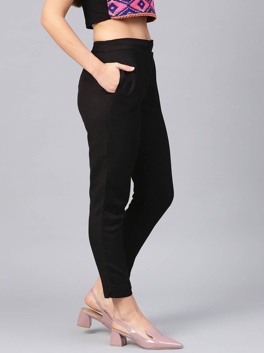Women's Black Rayon Solid Straight Pants