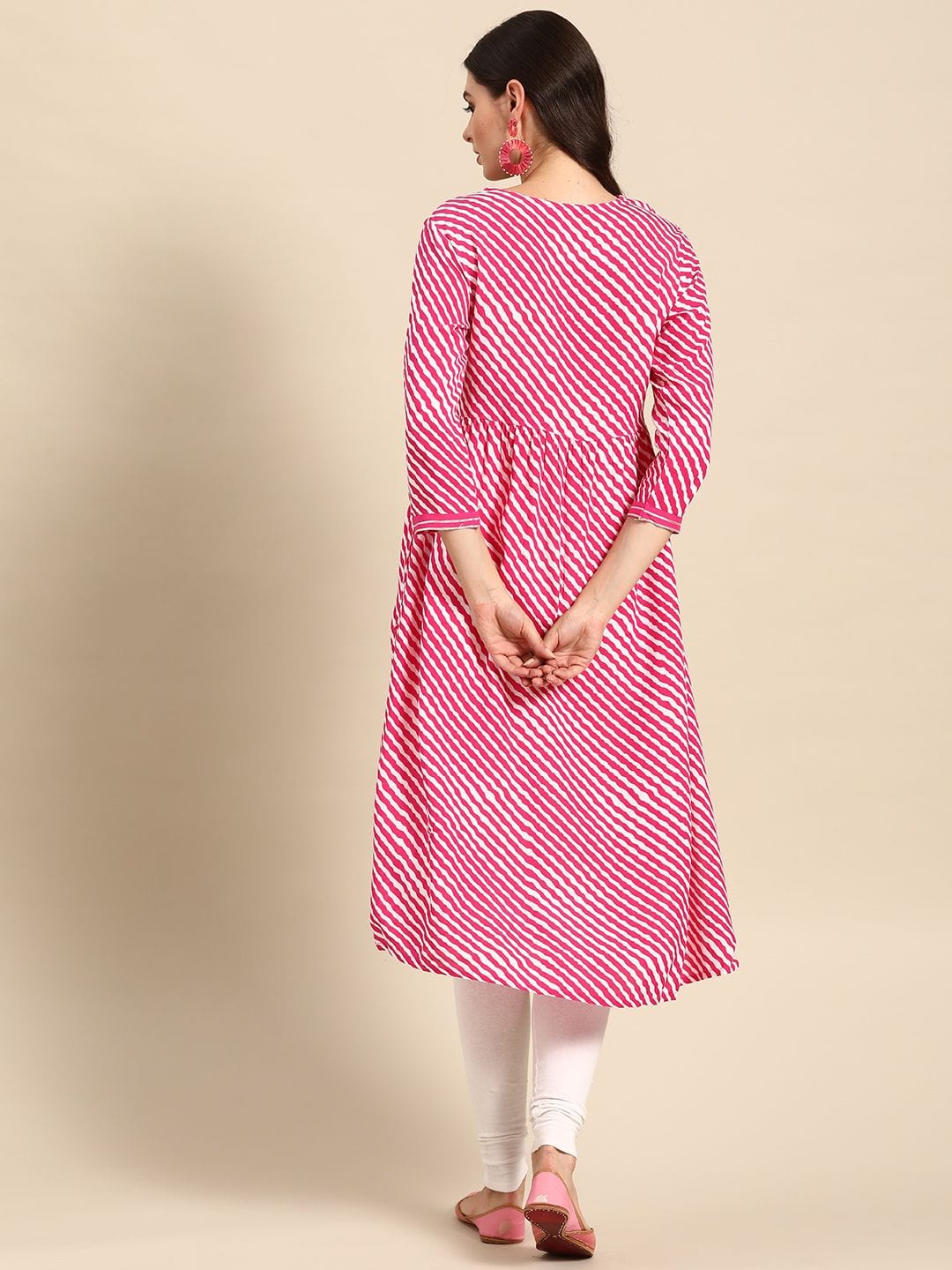 Women's Pink & White Striped A-Line Kurta