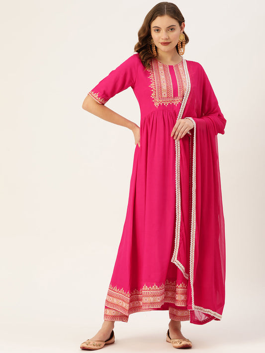 Women's Rani Rayon Panelled Printed A-Line Kurta Trouser Set With Dupatta