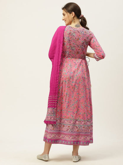 Women's Pink Floral Print Anarkali & Dupatta
