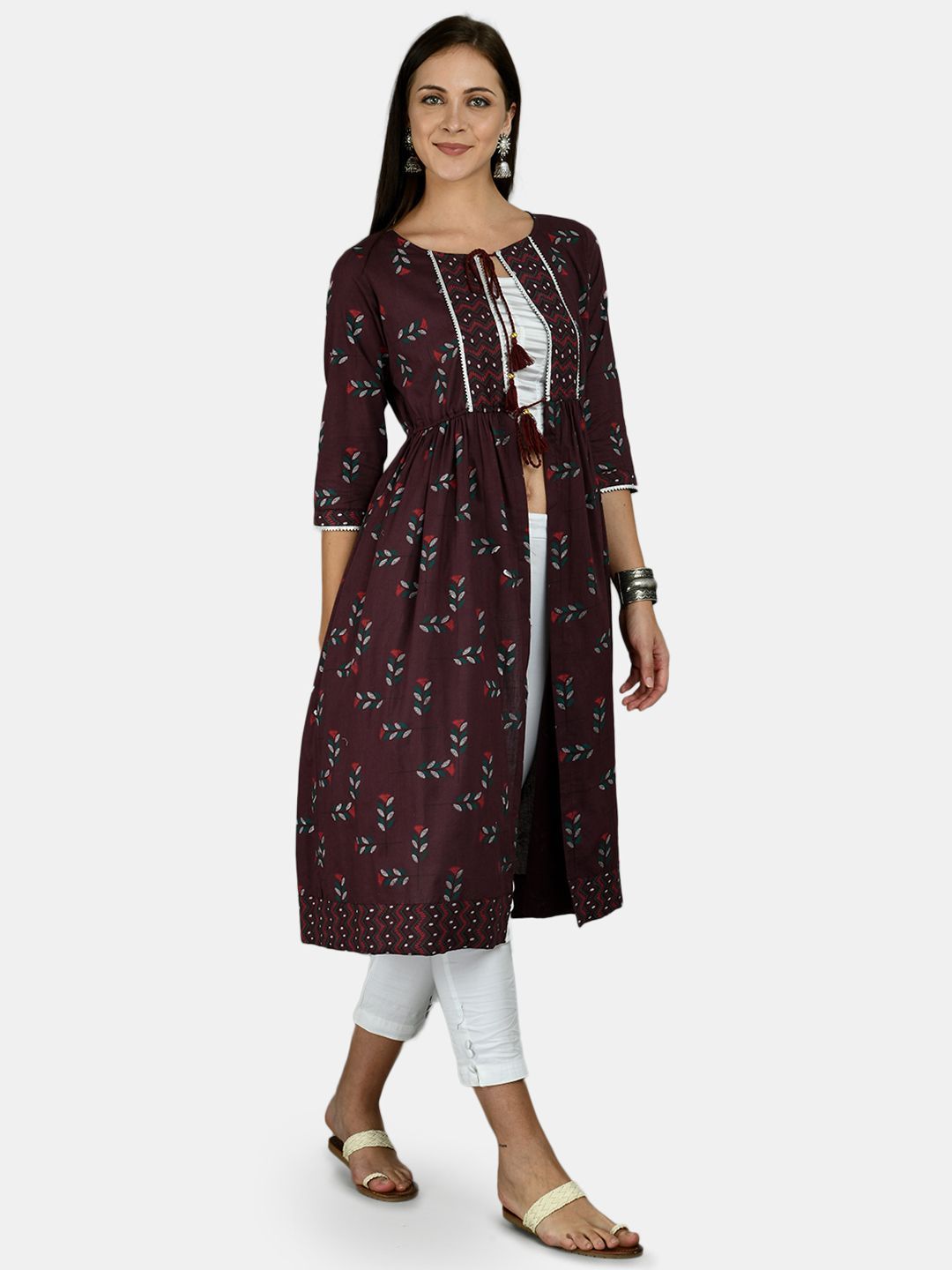 Women's Black Cotton Printed 3/4 Sleeve Round Neck Casual Shrug