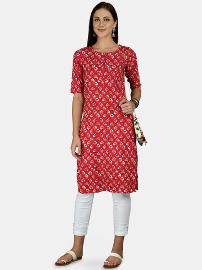 Women's Pink Cotton Printed Half Sleeve Round Neck Casual Kurta