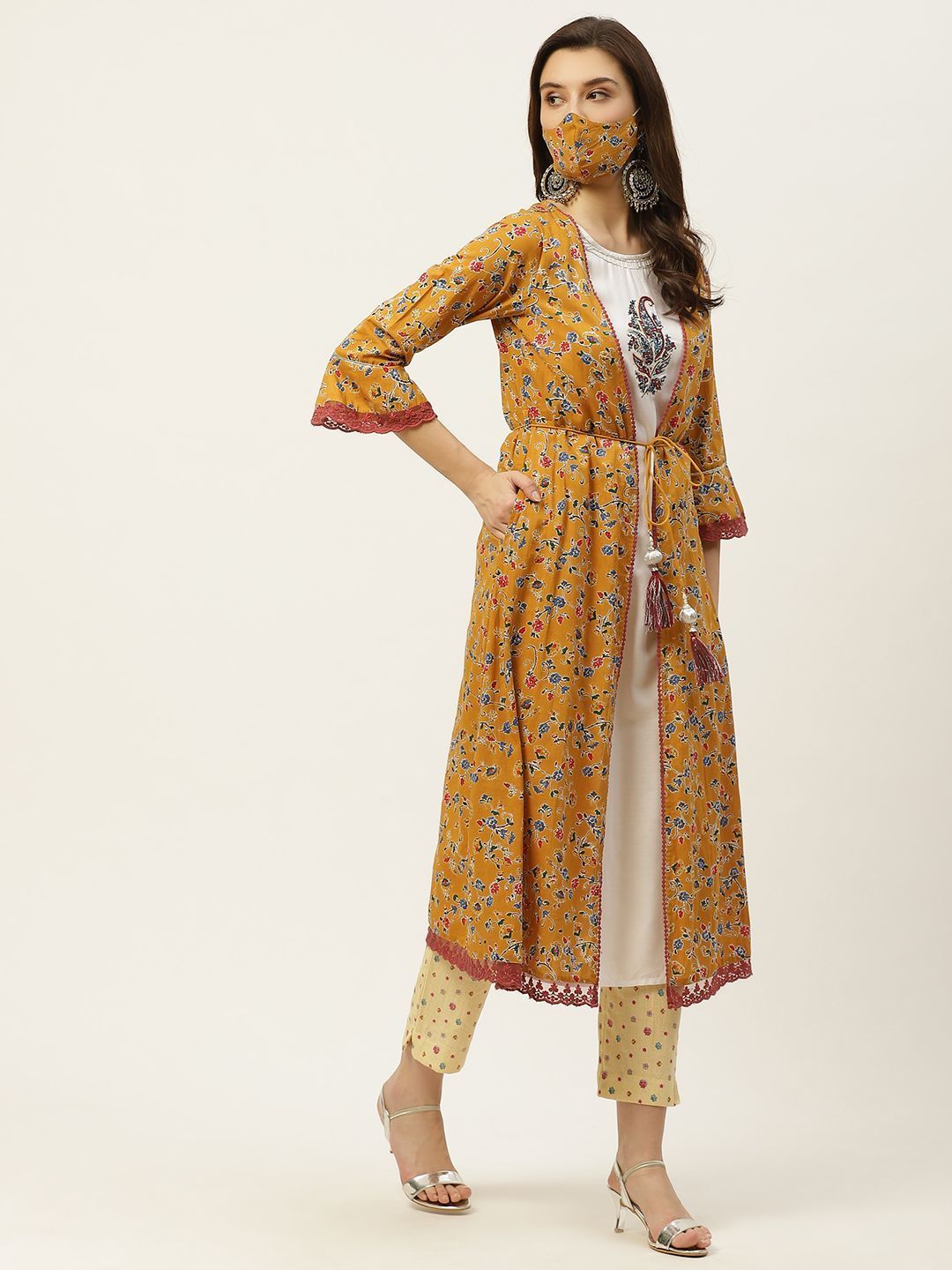 Women's Kurta Pant Set with Printed Jacket