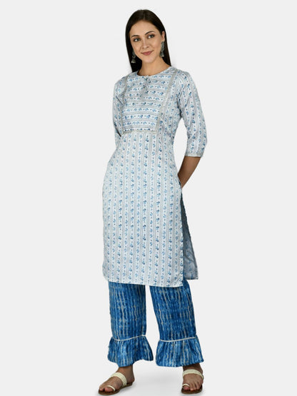 Women's Blue Silk Printed 3/4 Sleeve Round Neck Casual Kurta Palazzo Dupatta Set