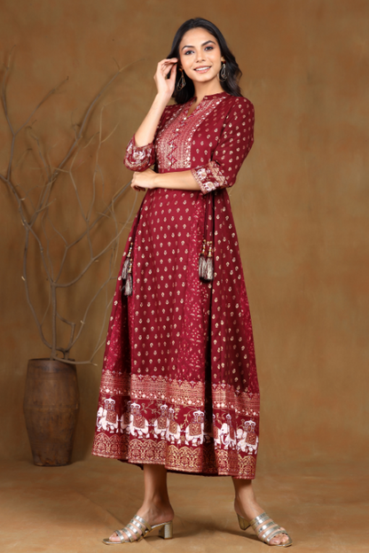 Women's Wine Rayon Printed Anarkali Dress