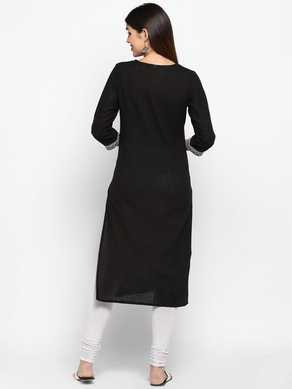 Women's Black Cotton Straight Kurta By Vbuyz (1