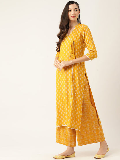 Women's Mustard Color Rayon Blend Printed Kurta Palazzo With Dupatta