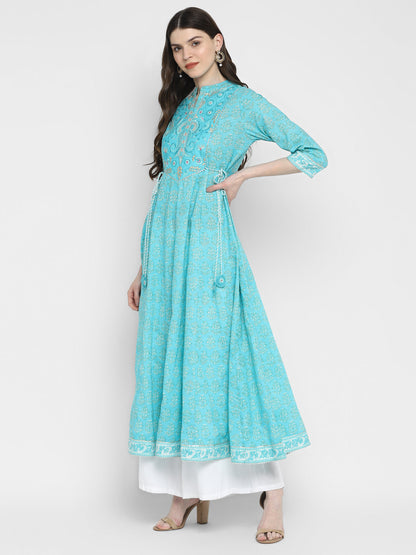 Women's Sky Blue Anarkali Cotton Kurta By Vbu