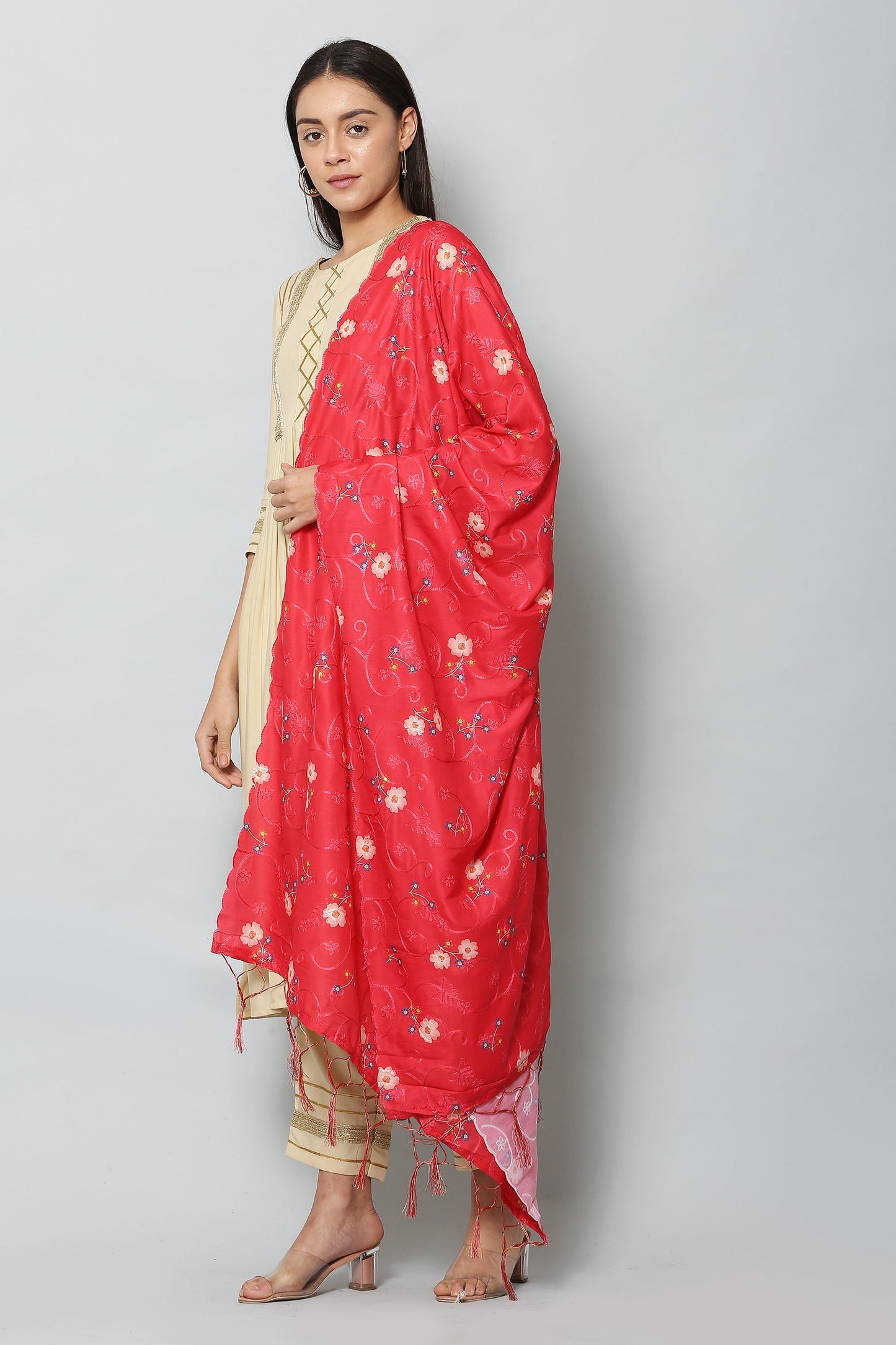 Women's Red Color Art Muslin Embroidery and Digital Printed Dupatta