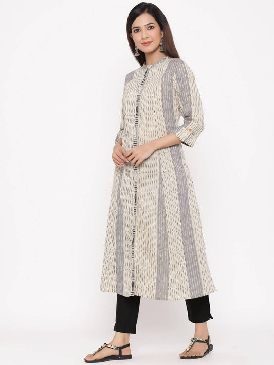 Buy_Women's_Beige_Cotton_Dobby_Self_Design_A-Line_Kurta_Online_Trendia