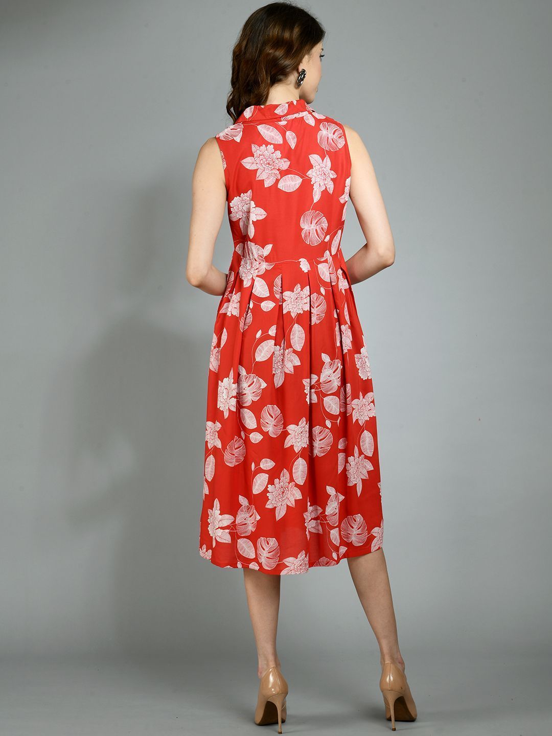 Women's Red Rayon Printed Sleeveless Collar Neck Casual Dress