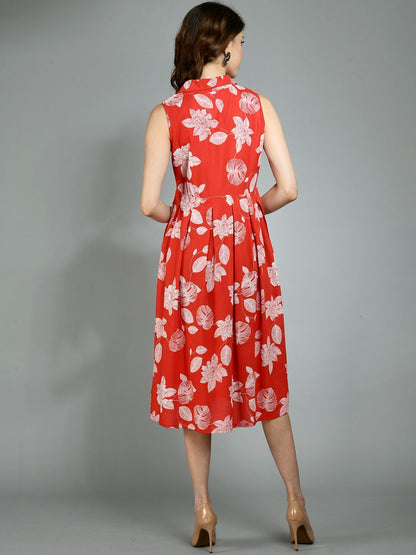 Women's Red Rayon Printed Sleeveless Collar Neck Casual Dress