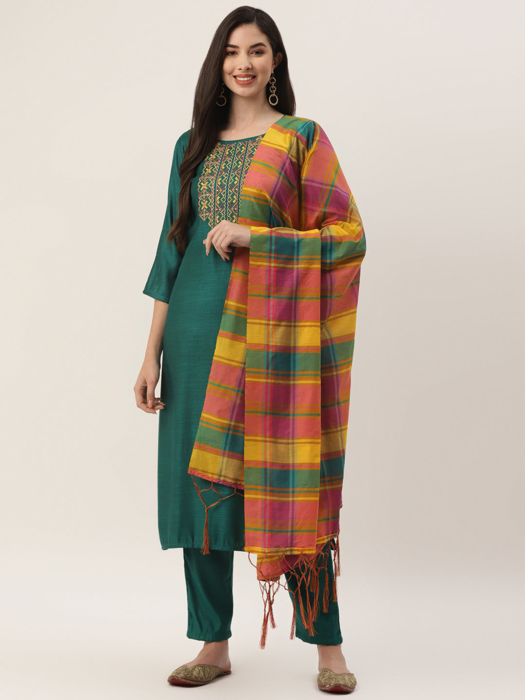 Women's Green Rayon Blend Embroidered Straight Kurta Trouser Set With Dupatta