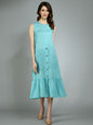 Women's Blue Poly Cotton Printed Sleeveless Round Neck Casual Dress