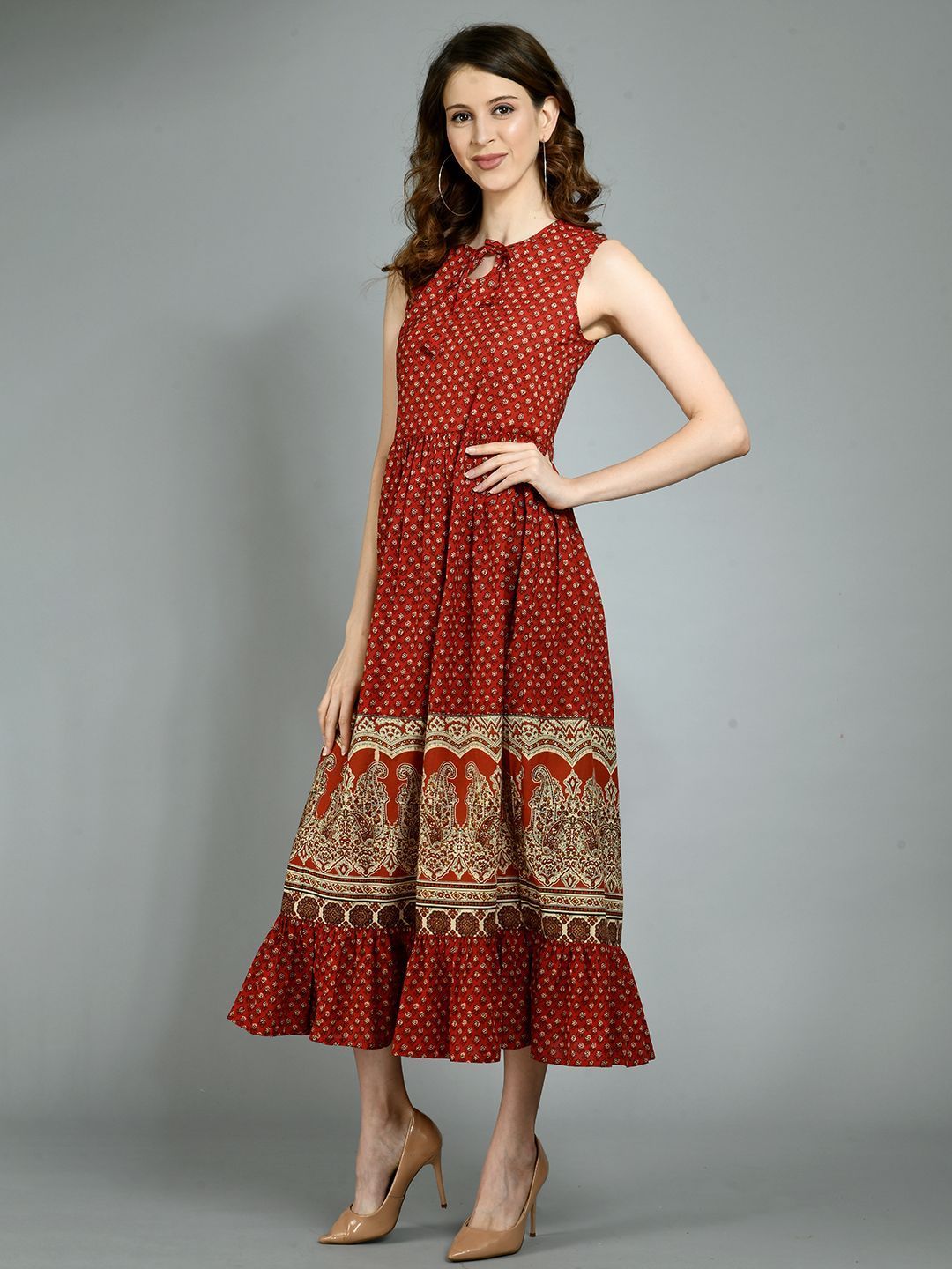 Women's Light Maroon Cotton Printed Sleeveless Round Neck Casual Dress