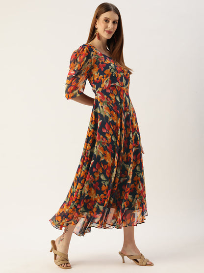 Women's Blue Color Gerogette Printed A-Line Flared Dress