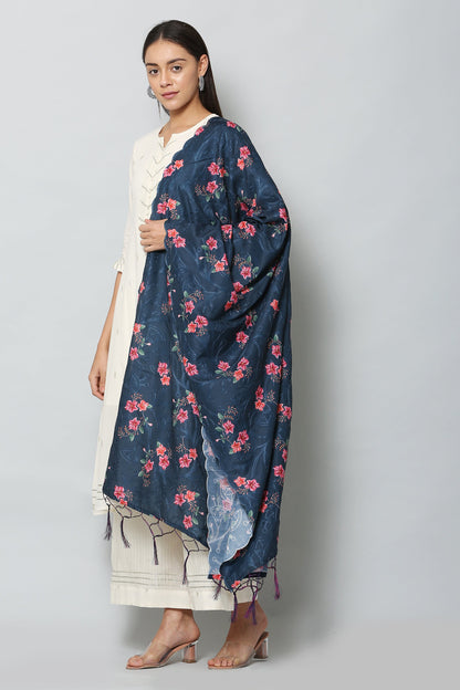 Women's Navy Blue Color Art Muslin Embroidery and Digital Printed Dupatta