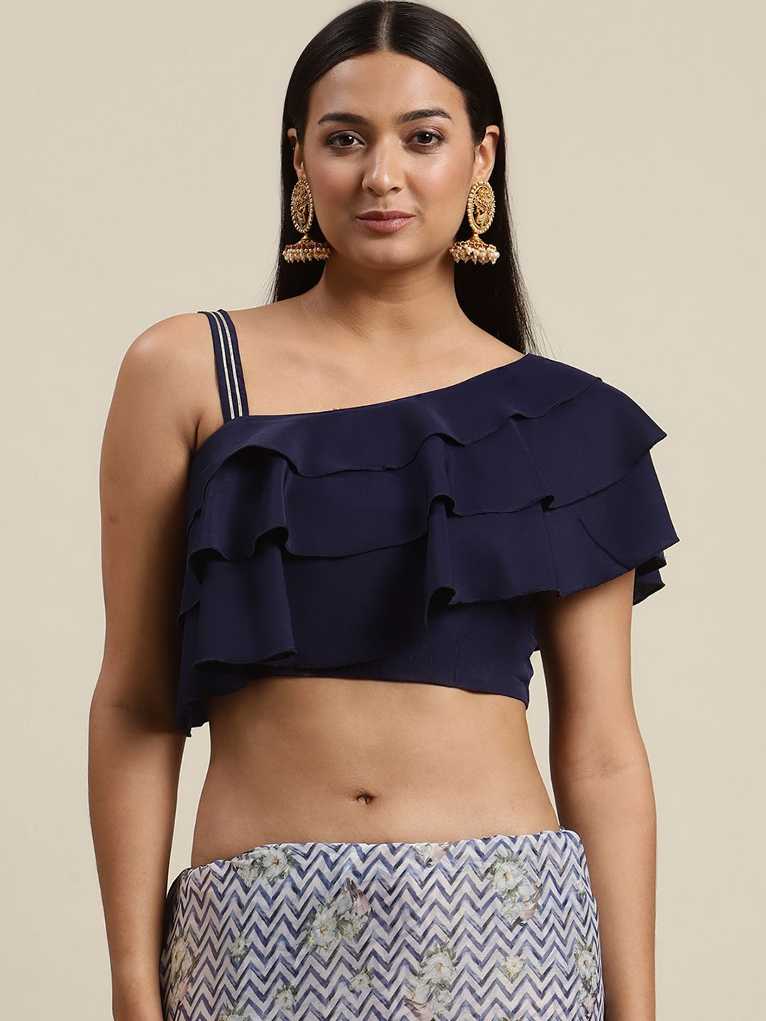 Women's Navy Blue Chiffon Digital Print Chevron Saree