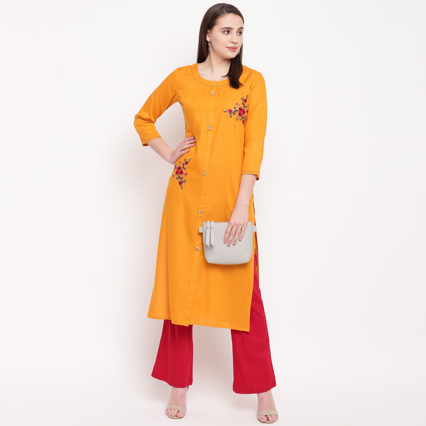 Women's Embroidered/Solid Straight Rayon Yellow Kurta (1Pc)