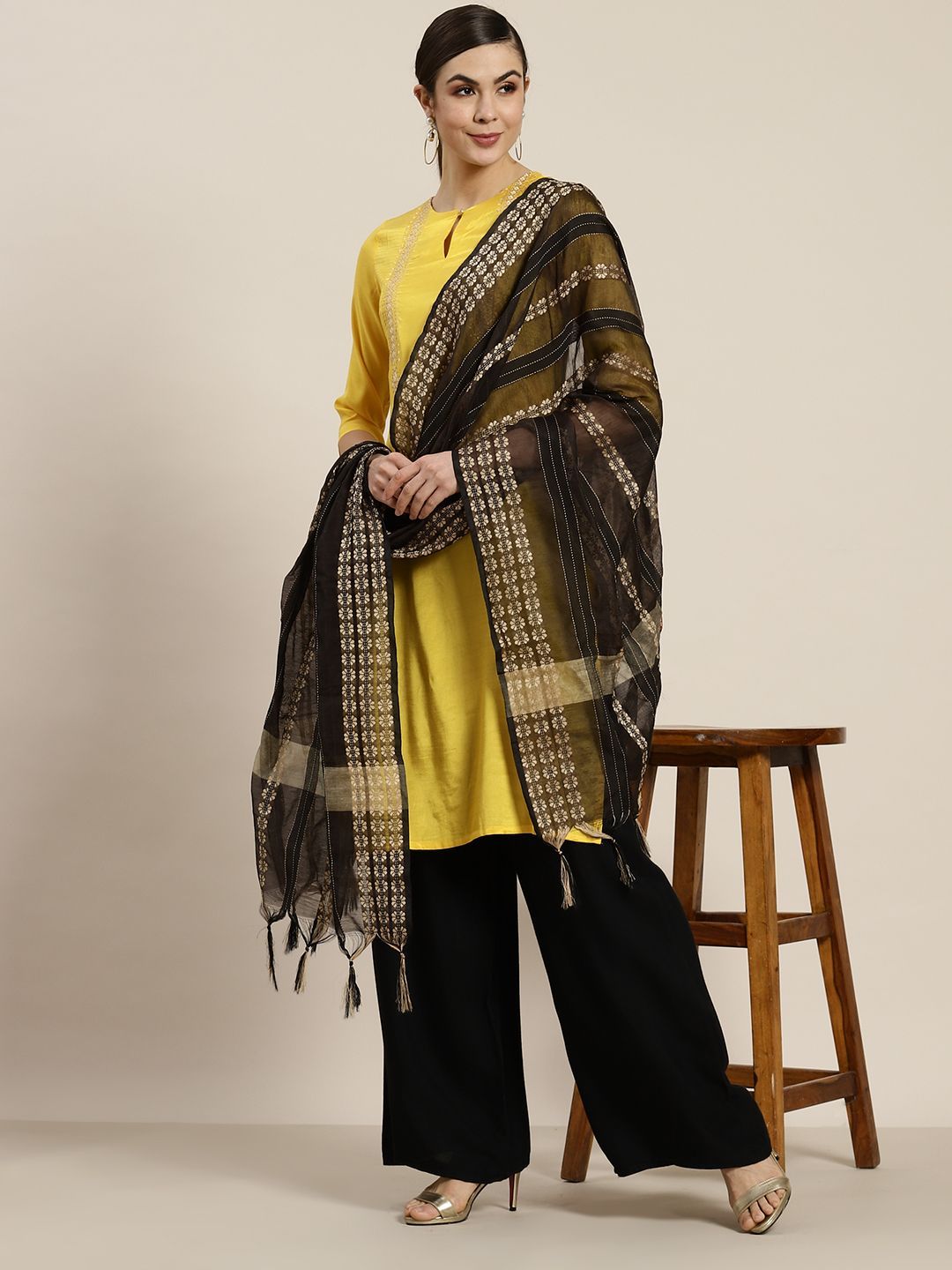 Women's Black Chanderi Woven Dupatta3