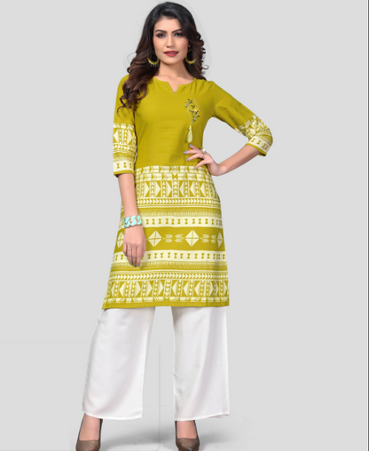 Women's Mehendi Green Color Cotton Straight Kurta  (1Pc)