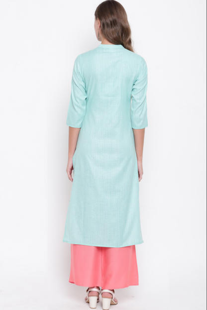 Women's Embroidered/Solid Straight Cotton Sky Blue Kurta (1Pc)