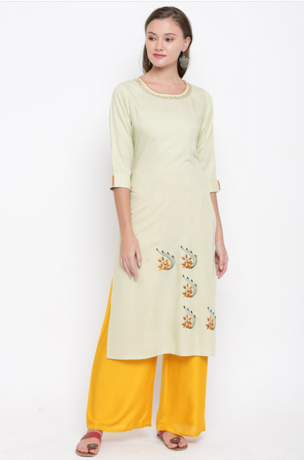 Women's Embroidered/Solid Straight Rayon Light Pista Kurta (1Pc)