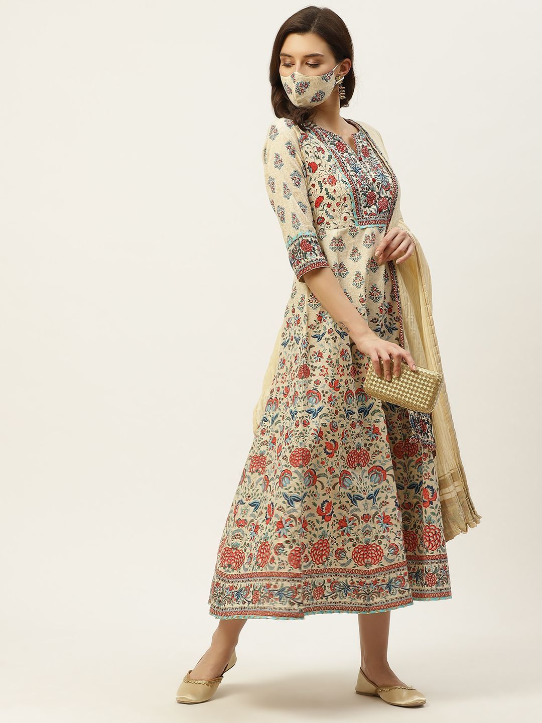 Women's Printed Flared Dress & Dupatta Set with Mask