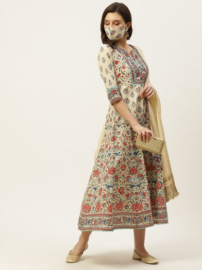 Women's Printed Flared Dress & Dupatta Set with Mask