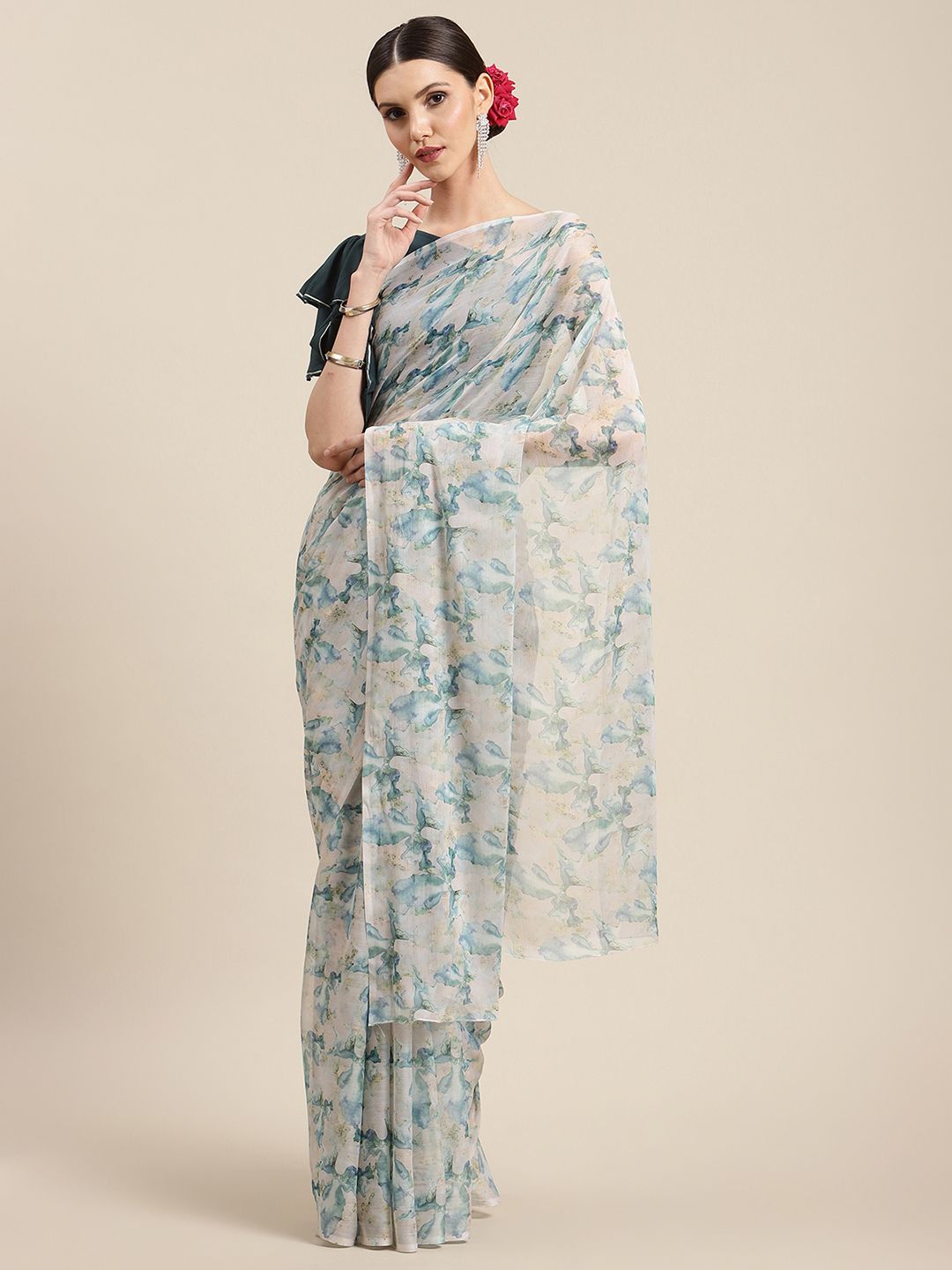 Women's Off White Chiffon Abstract Digital Print Saree