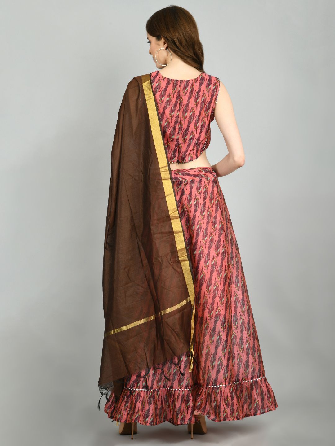 Pink Chanderi Printed Sleeveless Round Neck Casual Blouse Lehenga Dupatta Set