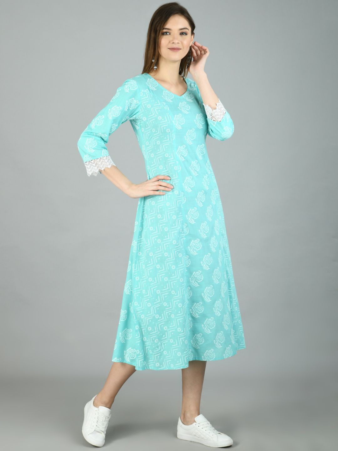 Women's Sky Blue Cotton Printed Full Sleeve V Neck Casual Dress