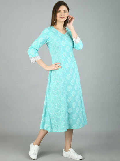 Women's Sky Blue Cotton Printed Full Sleeve V Neck Casual Dress