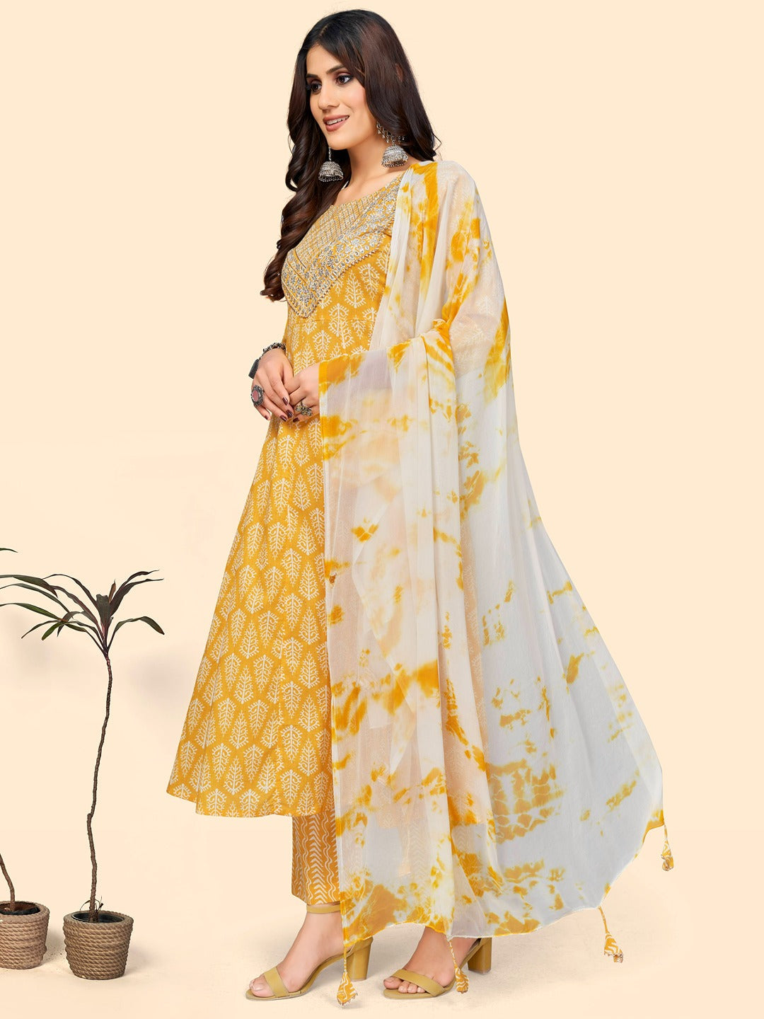 Women's Print & Sequience A-Line Cotton Yellow Stitched Kurta Pant With Dupatta