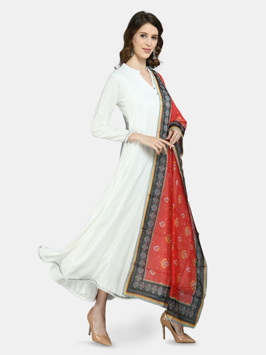 Women's White Viscose Solid Full Sleeve V Neck Casual Anarkali Kurta Dupatta Set