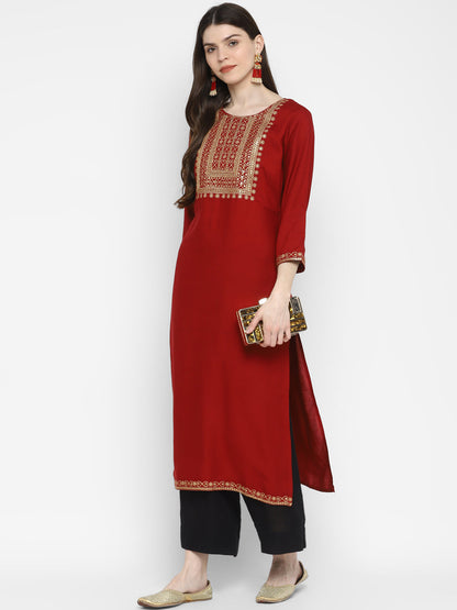 Women's Sequence & Solid Straight Rayon Maroon Kurta  (1Pc)