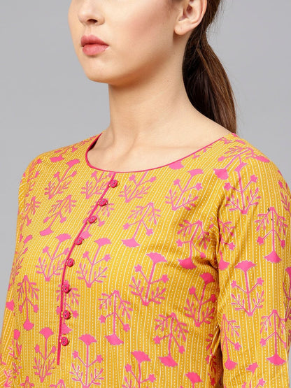 Women's Mustard Yellow & Magenta Printed Straight Kurta