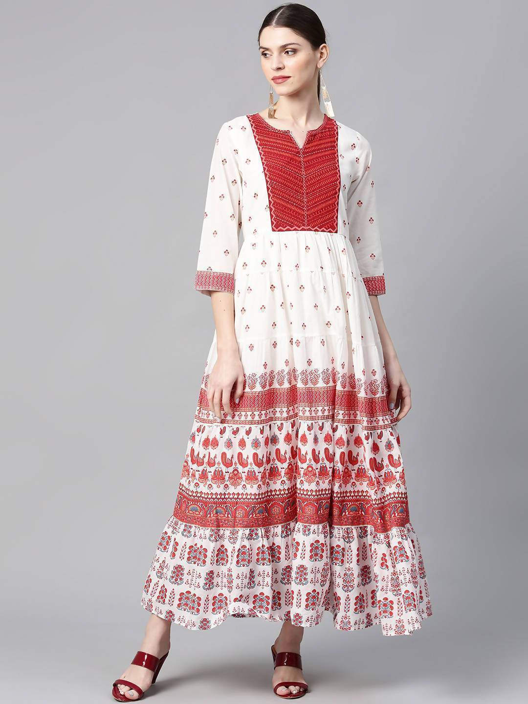 Women's Blue Cotton Printed Tiered Dress