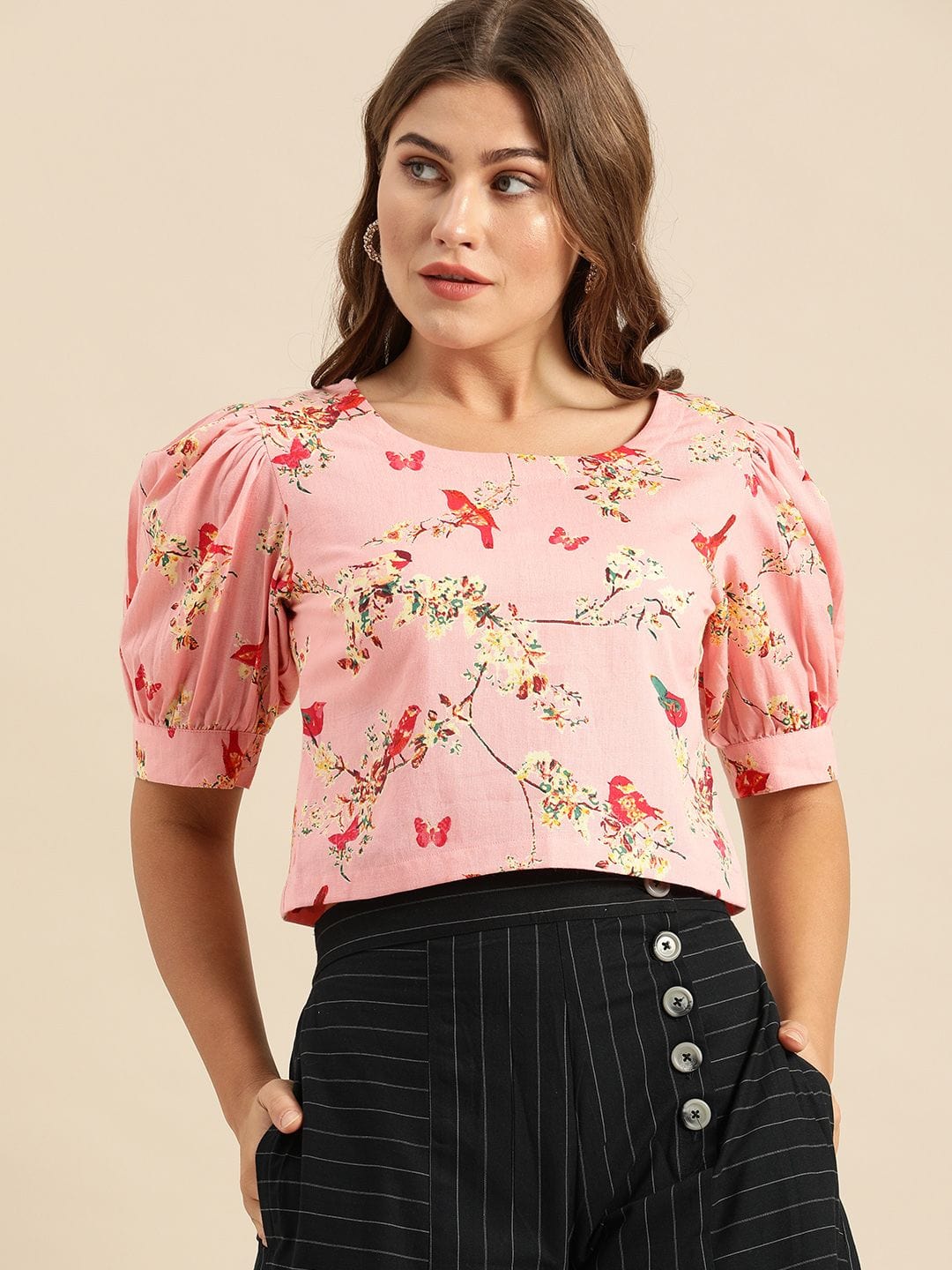 Women's Pink & Yellow Floral Printed Regular Crop Top